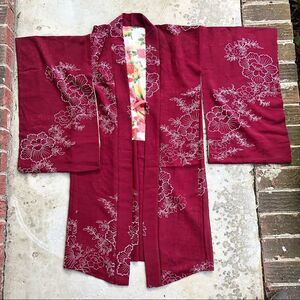 Vintage Japanese kimono robe silk floral print red